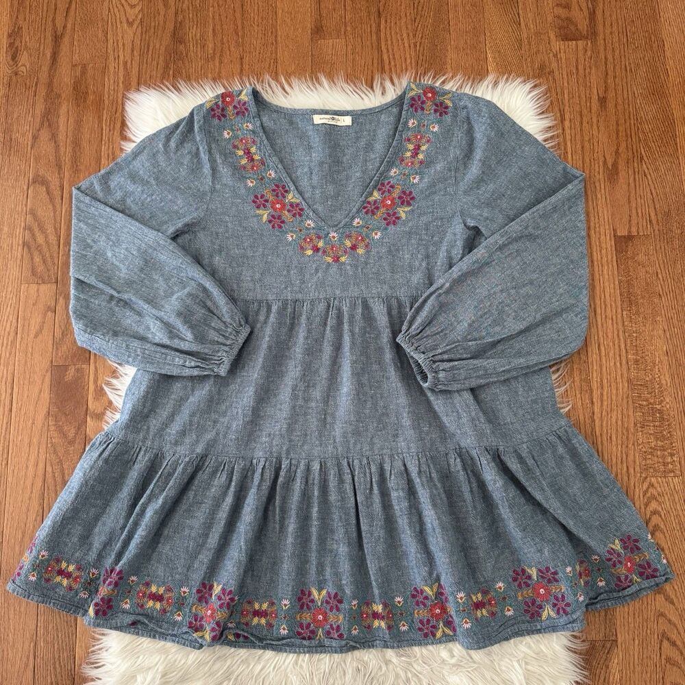 Natural Life Floral Embroidered Linen Tiered Mini Swing Dress Women’s Large Boho